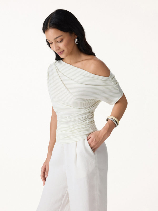 OGLmove Striped Asymmetrical Neck Ruched Top