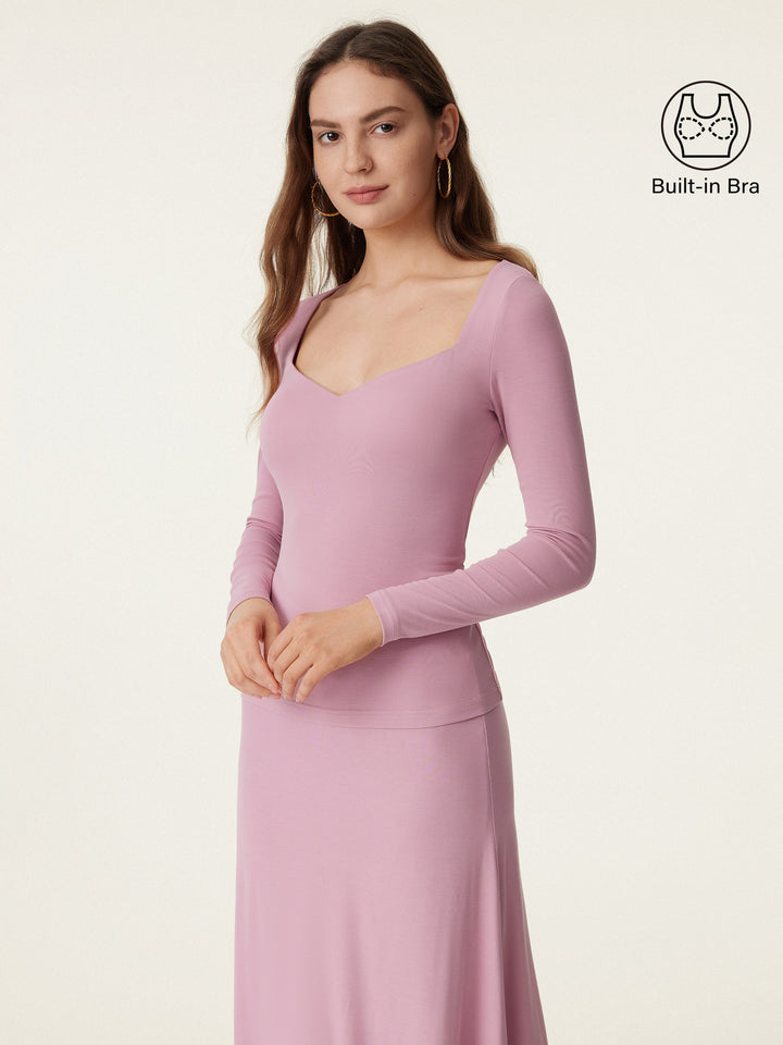 Sweetheart Neck Long Sleeve Lightweight Brami Top Rose Mauve L