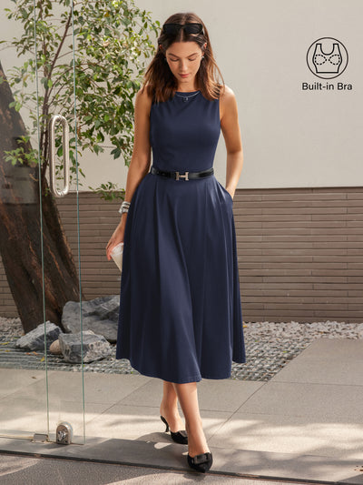 Brami-Midikleid aus Bambus-Ponte mit U-Boot-Ausschnitt und Taschen