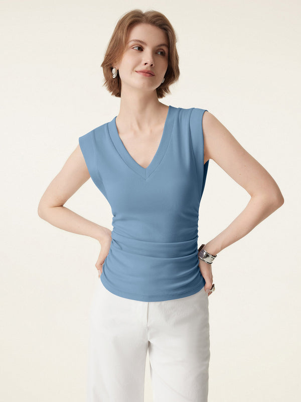 2Pcs Set Stretch Cotton V-neck Side Ruched Muscle Tee