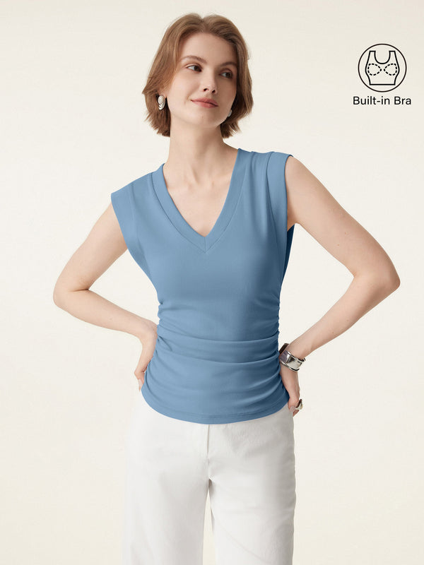 Stretch Cotton V-neck Side Ruched Muscle Brami Top Dusk Blue XS