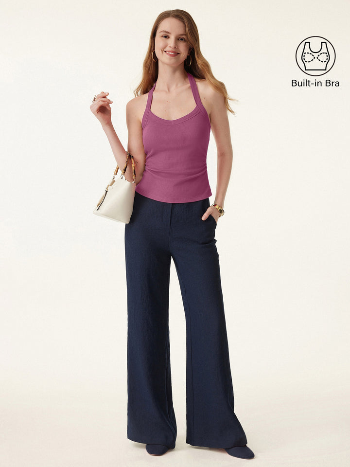 Halter Neck Side Ruched Ribbed Brami Tank