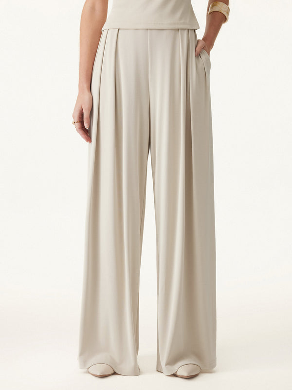 Sandwashed Mid Rise Pleated Wide Leg Palazzo Pants with Pockets Regular Morning Mist
