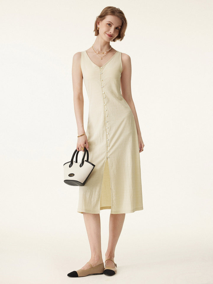 Multi-wear V-neck Button Front Midi Vest Dress Ash Ivory XS