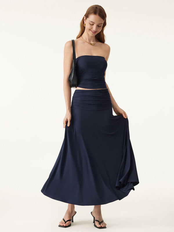 OGLmove 2Pcs Set Non-slip Essential Tube Brami Top & Ultrasoft Mid Rise A-line Ruched Maxi Skirt