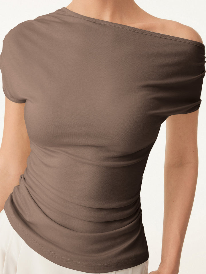 Cooling Asymmetrical Short Sleeve Stretchy Tee Chocolate Brown XS