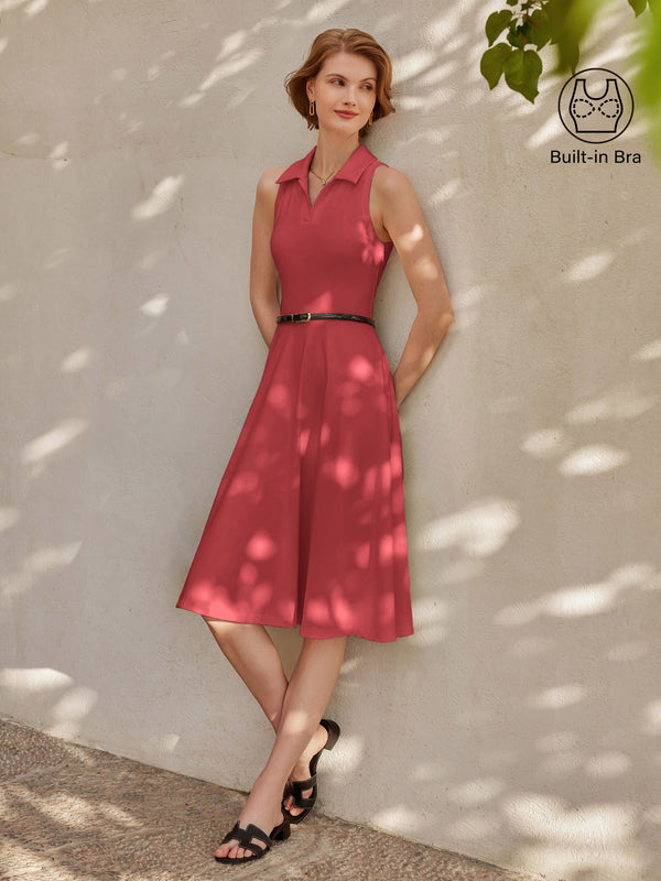Stretch Cotton Polo Neck Fit-and-flare Midi Brami Dress with Pockets Chili Pepper XS