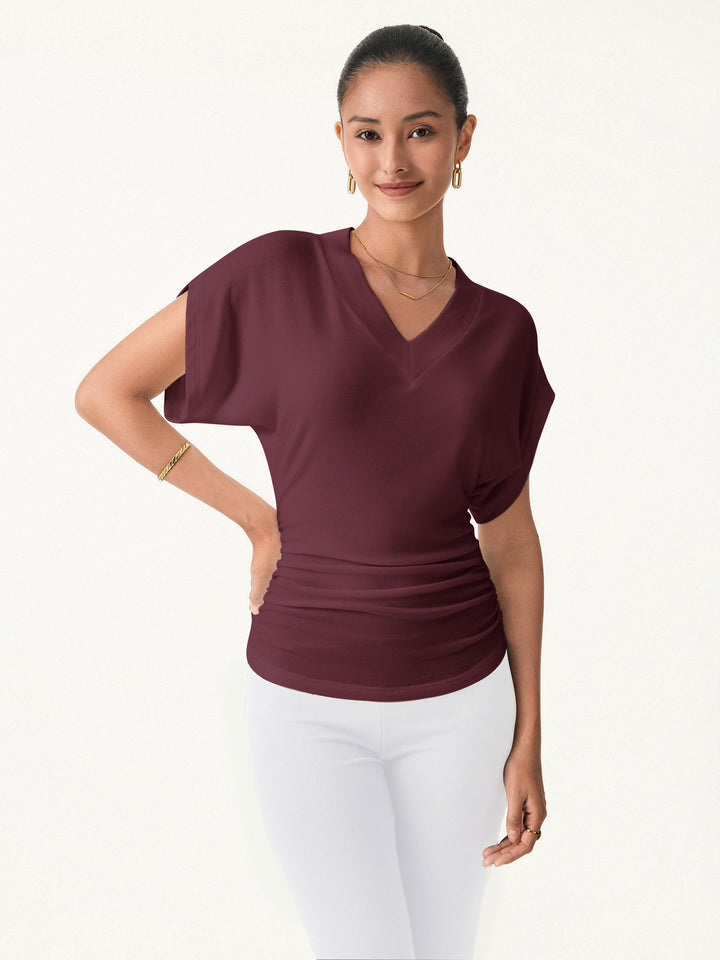 Lyocell Cashmere Blend V-neck Short Sleeve Side Ruched Tee Wine XS