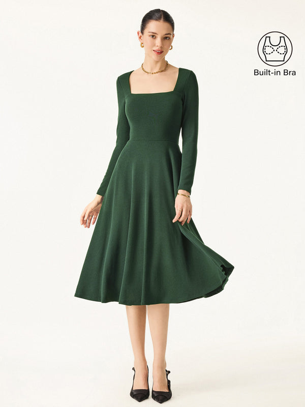 Essential Square Neck Long Sleeve Fit-and-Flare Brami Midi Dress with Pockets Deep Bush XS