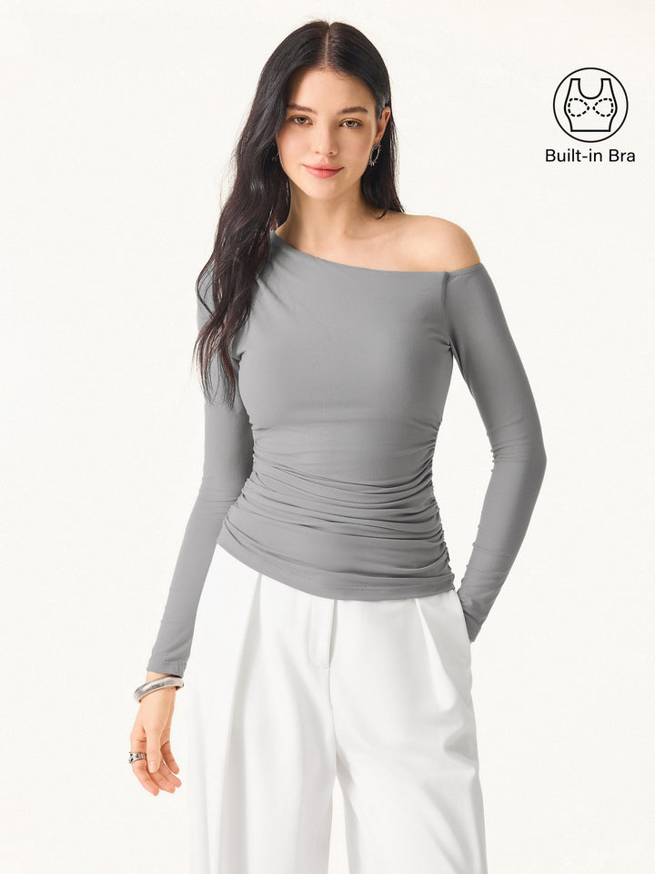Asymmetrical Shoulders Long Sleeve Gathered Brami Top Evening Grey XS