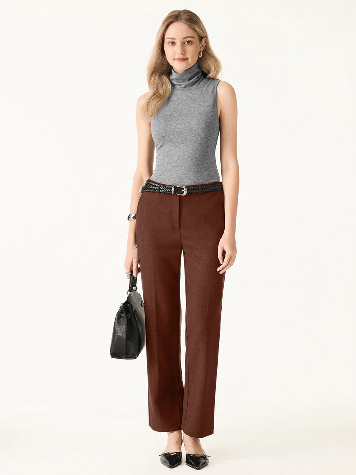 Stretch Wool Mid Rise Slim Straight Trousers with Pockets