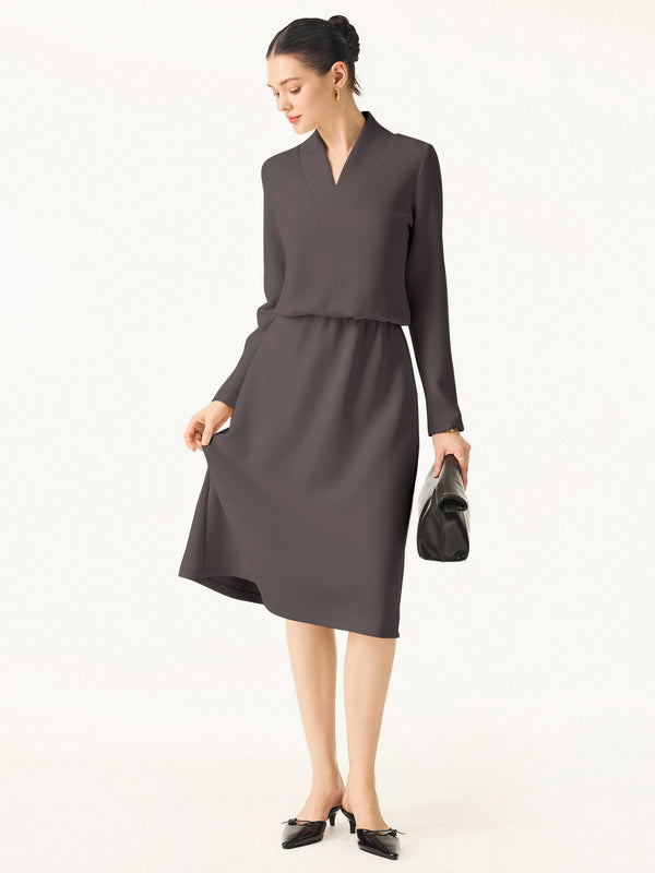 Elevated V-neck Long Sleeve Cinched Midi Dress