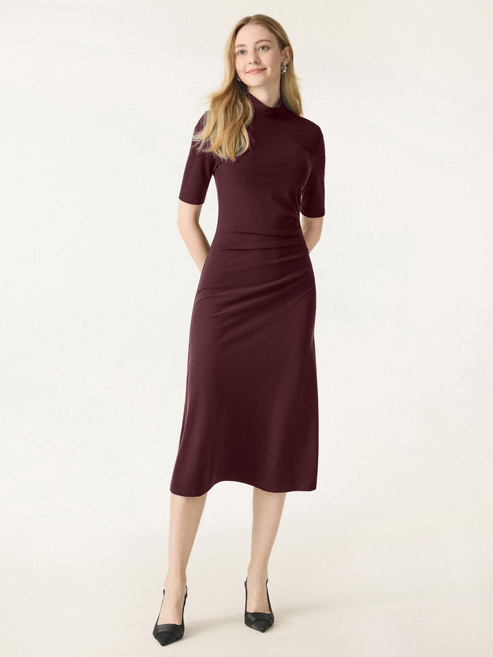 Mockneck Elbow Length Sleeve Tucked Midi Dress Ruby Red XS