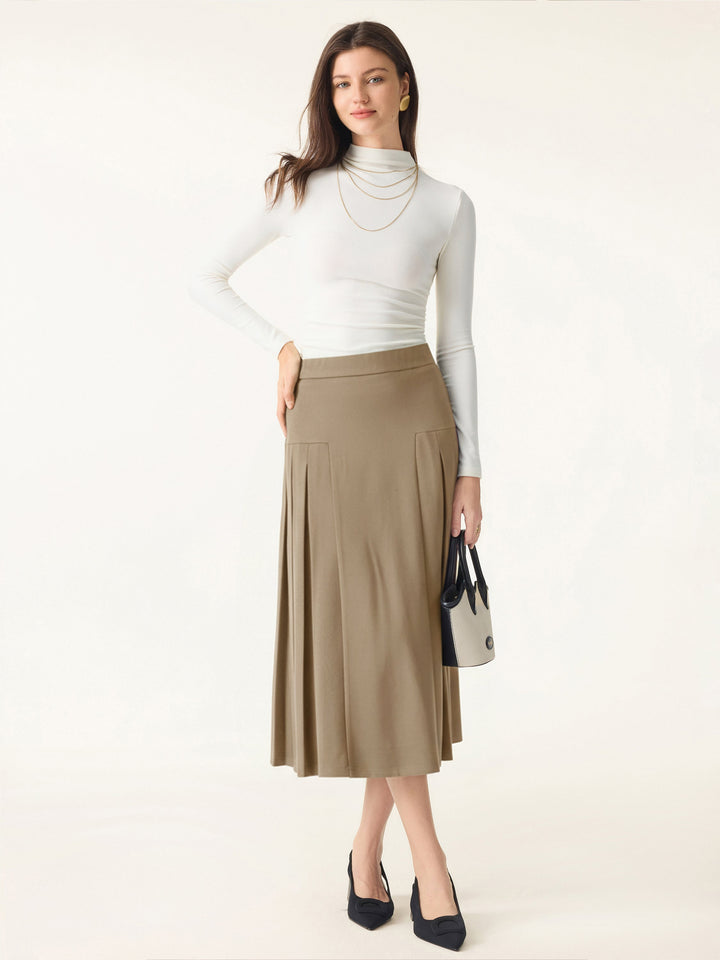 Stretch Ponte Pleated A-line Midi Tailored Skirt