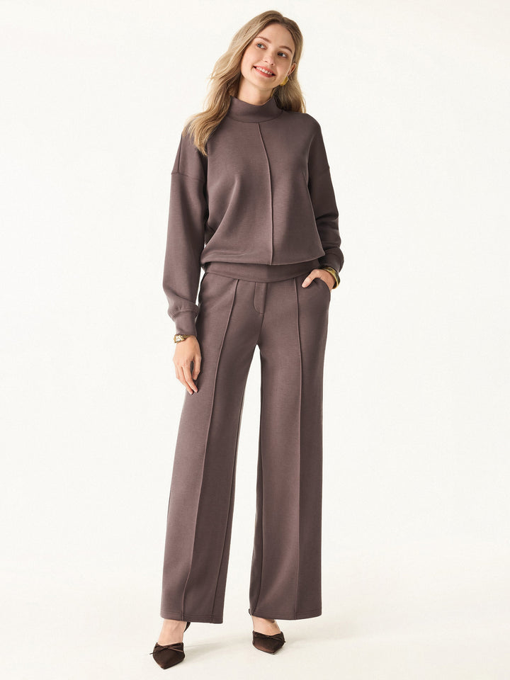 2Pcs Set Mockneck Pullover Shirt & Mid Rise Straight Leg Pants with Pockets