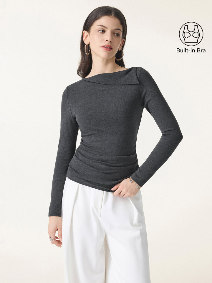 Light Warm Asymmetrical Fold-Over Side Ruched Brami Top Heather Shadow XS