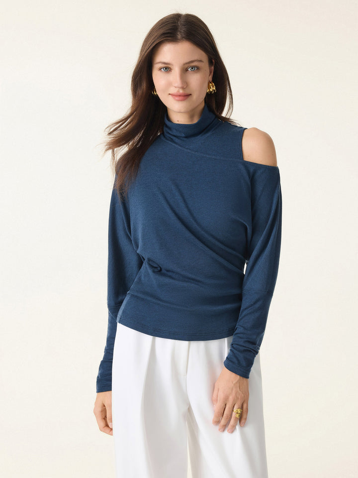 2Pcs Set Lyocell Cashmere Cold-Shoulder Semi-Sheer Top & Turtleneck Brami Tank Ink Blue XS
