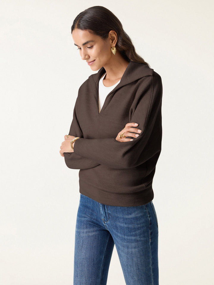 Cozy Collared V-Neck Batwing Sleeve Pullover Black Chocolate XS