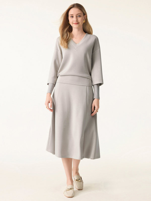 2Pcs Set V-neck Top with Sleeve Warmers & Mid Rise Flared Midi Skirt with Pockets Grey Steel XS