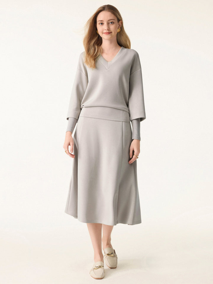 2Pcs Set V-neck Top with Sleeve Warmers & Mid Rise Flared Midi Skirt with Pockets Grey Steel XS