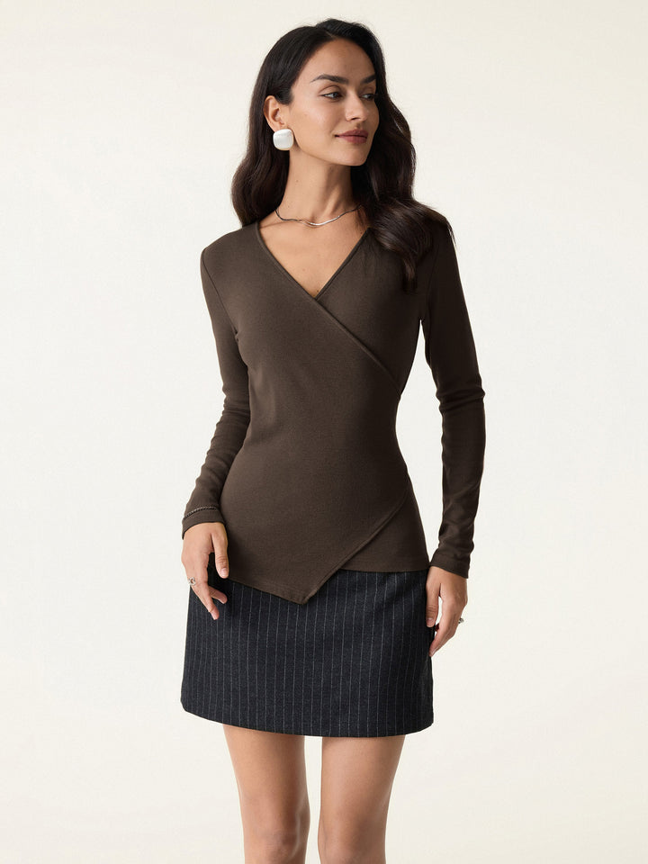 Surplice Skimming Long Sleeve Top Espresso XS