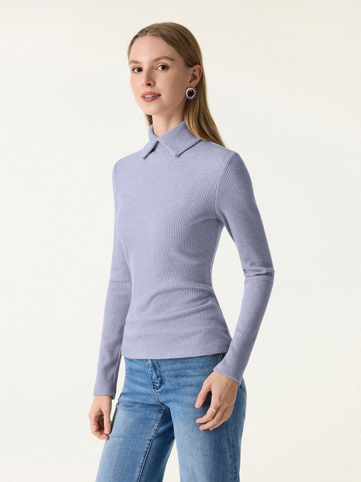Ribbed Stand Collar Long Sleeve Top Heather Dolphin Blue XS