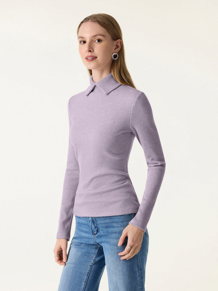 Ribbed Stand Collar Long Sleeve Top Heather Lilac XS