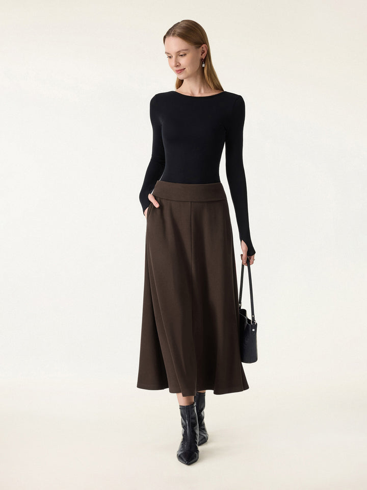 Tummy-Warmer Midi Pull-on A-Line Skirt with Pockets