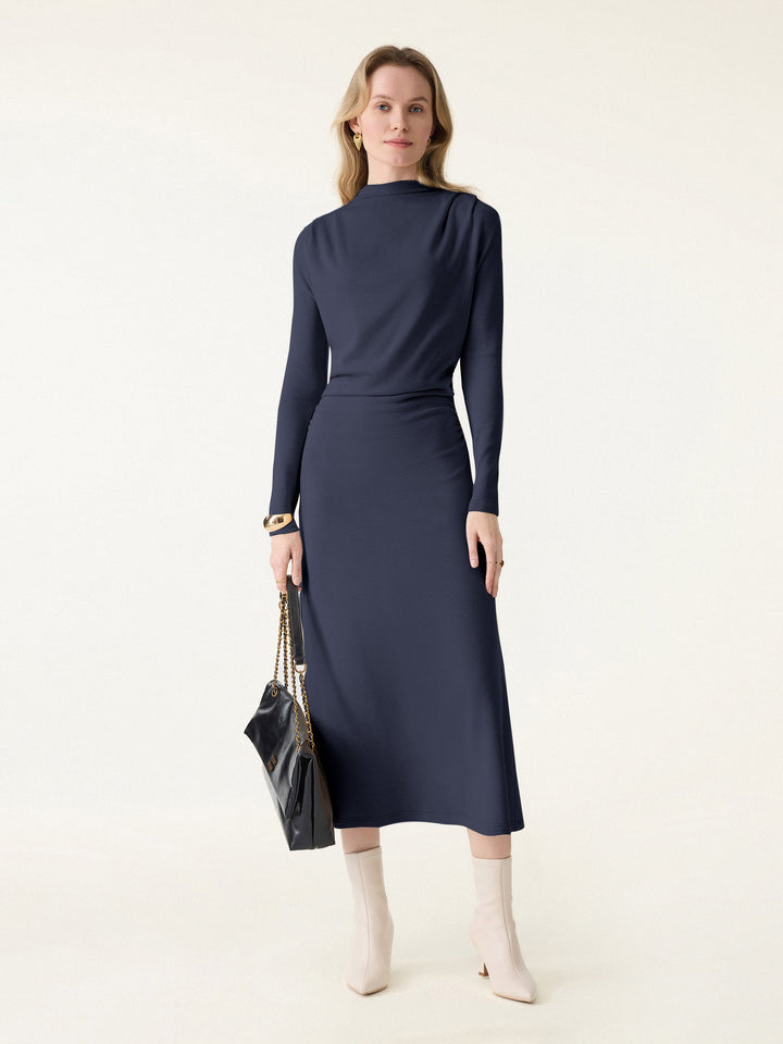 ProWarm Ruched Mockneck Fit-and-Flare Midi Dress