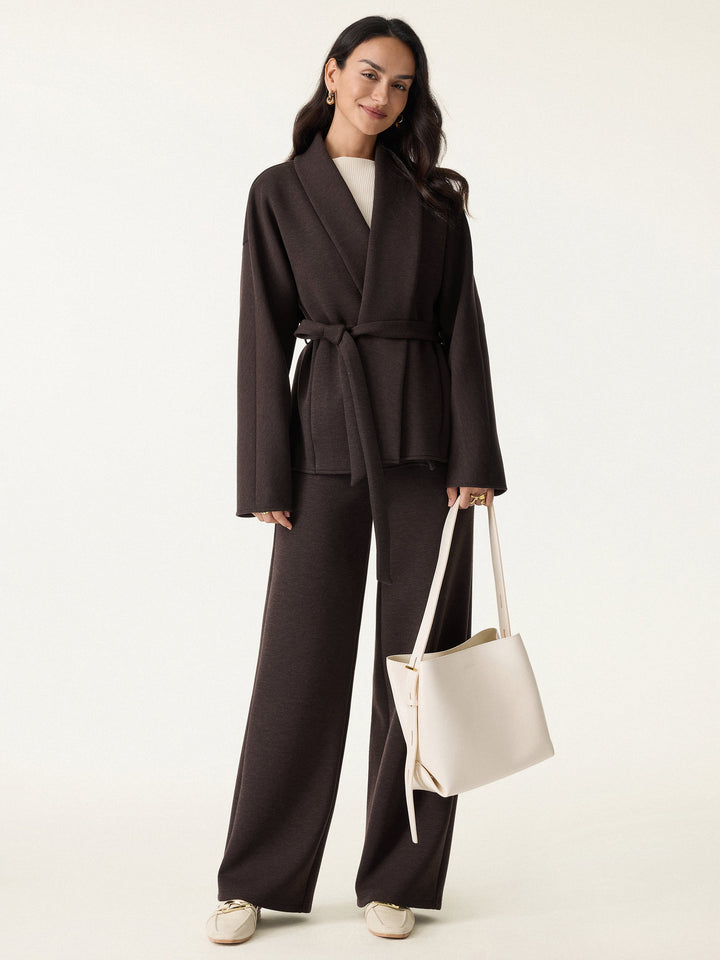 2Pcs Set Shawl Belted Outerwear & High Rise Straight Pull-on Pants with Pockets Espresso XS