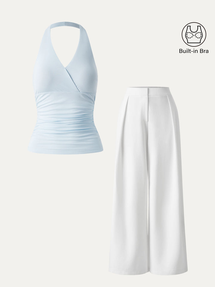 2Pcs Set Halter Neck Brami Tank & Non-sheer Mid Rise Trouser with Pockets White/Sky Glass XS