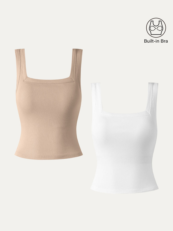 2Pcs Set Slinky Square Open-Back Brami Tank Top-Cropped White/Natural Calico XS