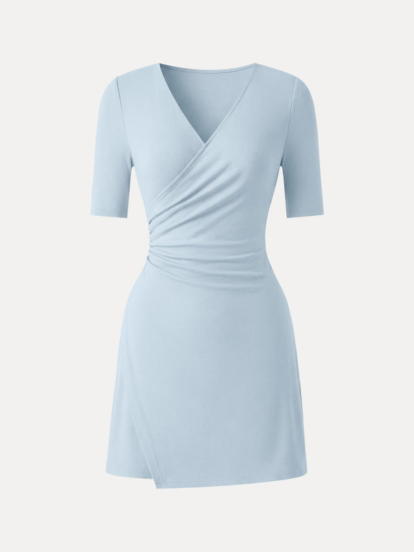 OGLmove Surplice Ruched Fit-and-Flare Mini Dress Blue Air XS