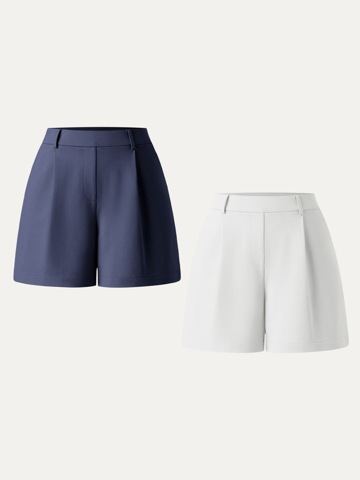 2Pcs Set Mid Rise Smart Pleated Pull-on Shorts with Pockets