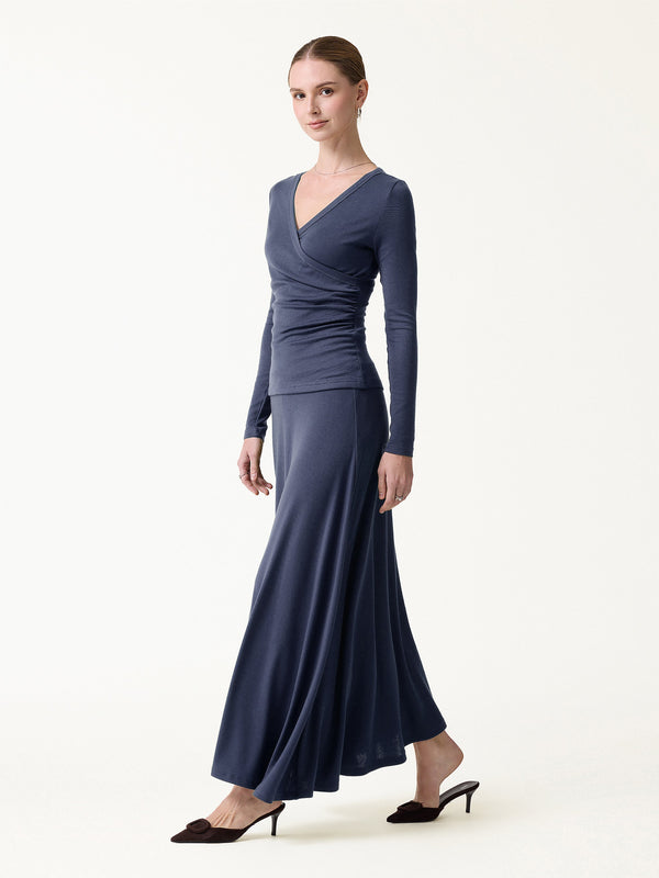 OGLmove 2Pcs Set LiteWarm Surplice Ruched Top & Blend Mid-Rise Umbrella Maxi Skirt Navy XXS