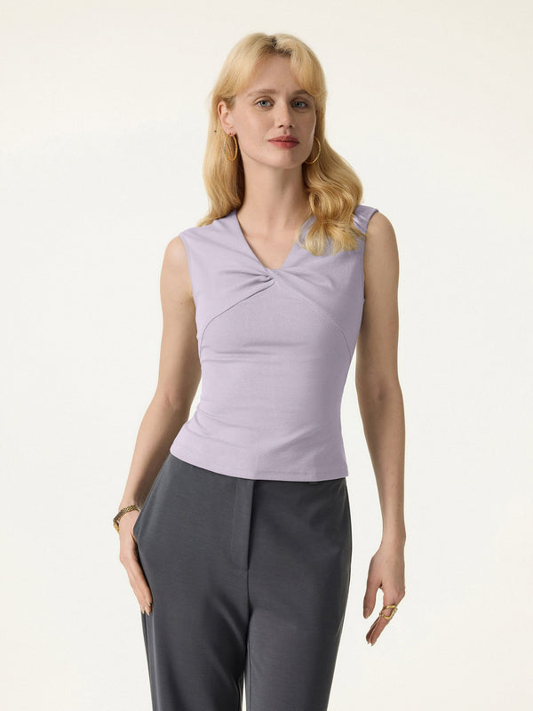 OGLmove Cotton Lyocell V-Neck Twisted Sleeveless Top Lilac Mist XS