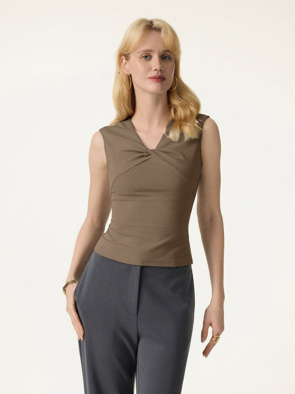 OGLmove Cotton Lyocell V-Neck Twisted Sleeveless Top Deep Ocher XS