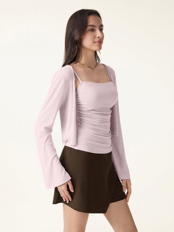OGLmove Soft Bell Sleeve Millennial Pink Cropped Cardigan