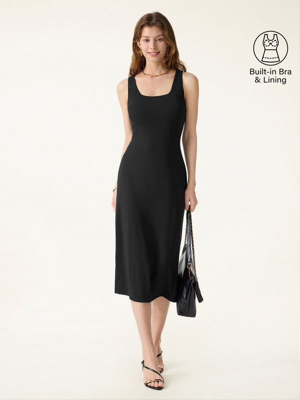 OGLmove Back Smoothing Bandless Square Neck Midi Bra Dress Black XS