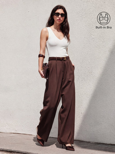 OGLmove2Pcs Set V-neck Bra Tank & Wide Leg Pant with Pockets