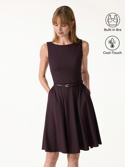 OGLmove Stretchy Boatneck Fit-and-Flare Mini Bra Dress with Pockets Purple Gloam XS