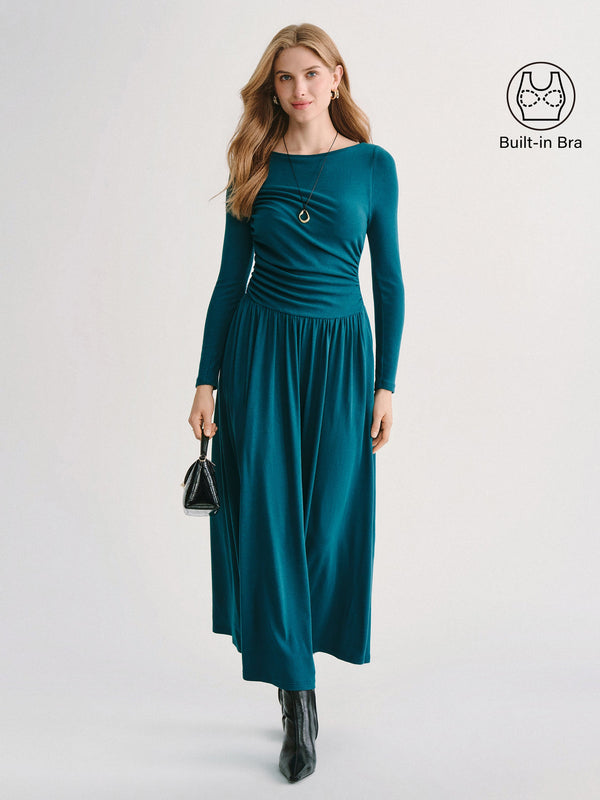 OGLmove LiteWarm Boatneck Long Sleeve Ruched Maxi Built-In Bra Dress with Pockets Deep Water XXS
