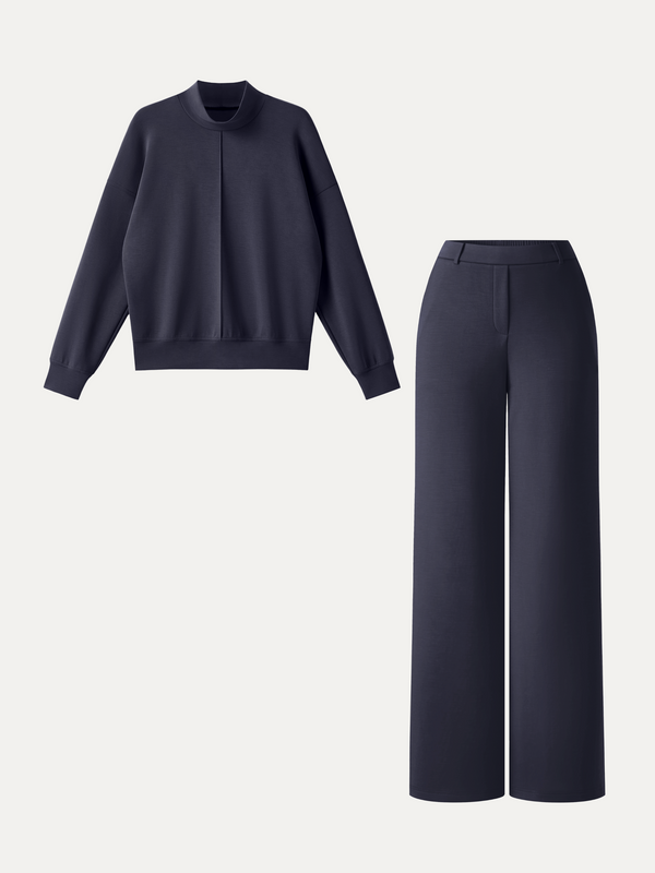 OGLmove 2Pcs Set Mockneck Long Sleeve Shirt & High-Rise Wide Leg Pants with Pockets