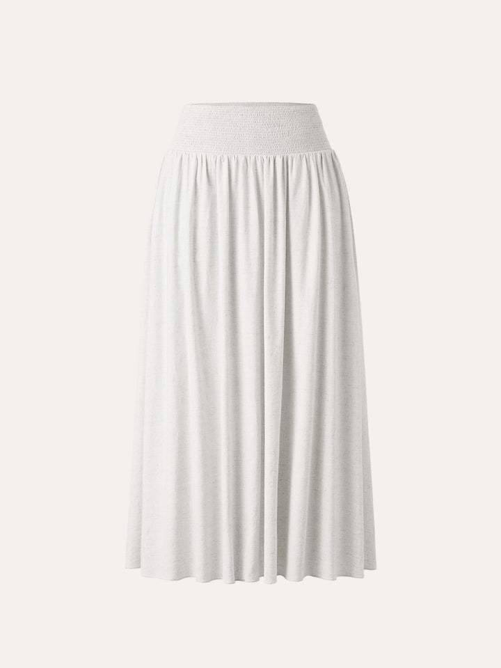 European Linen Smocked Waist Skirt with Pockets White XS