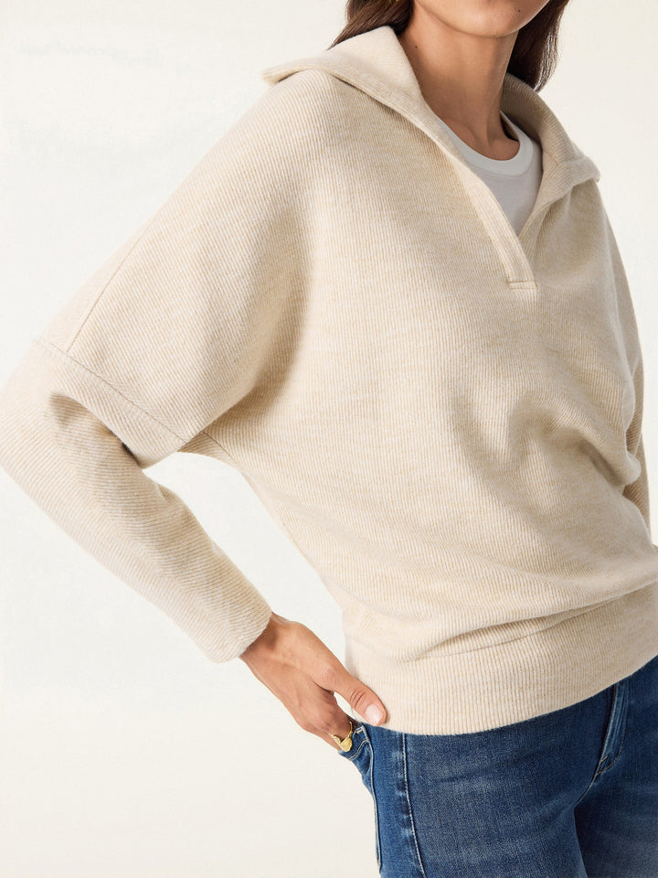 2Pcs Set Collared V-Neck Batwing Sleeve Pullover & Ribbed Midi Pull-on Skirt
