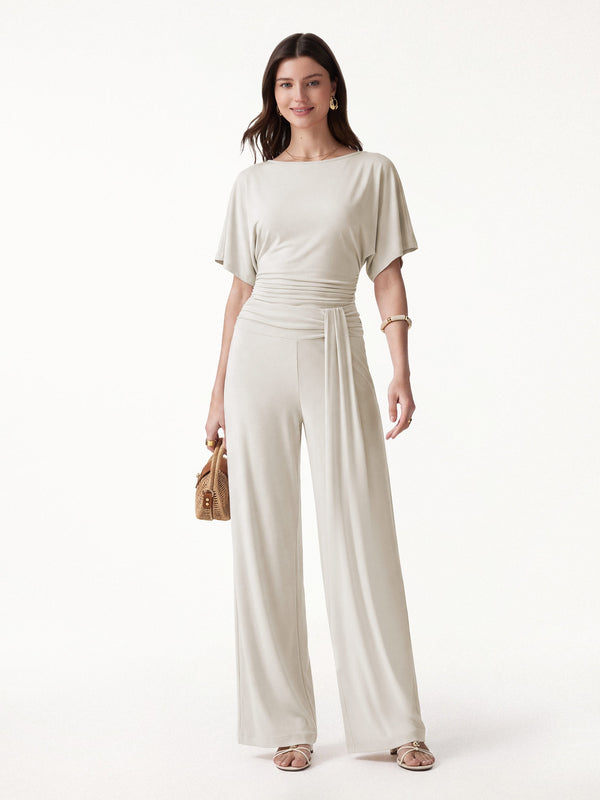 OGLmove 2Pcs Set Boatneck Batwing Sleeve Top & Mid-Rise Wide-Leg Lounge Pants Morning Mist XS