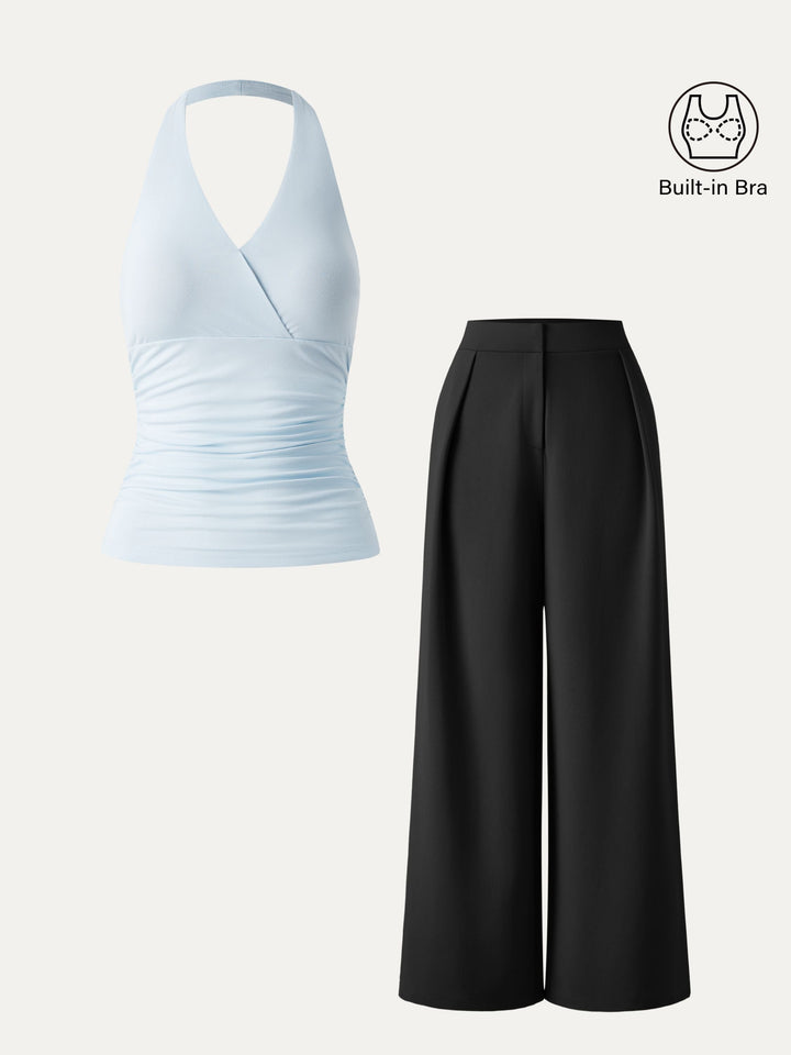 2Pcs Set Halter Neck Brami Tank & Non-sheer Mid Rise Trouser with Pockets Black/Sky Glass XS