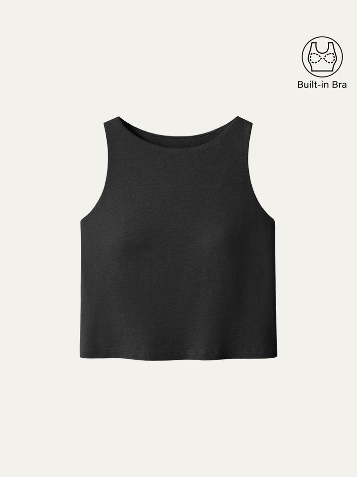 Cotton-Linen-Luxe Cropped Boatneck Brami Tank Black XS