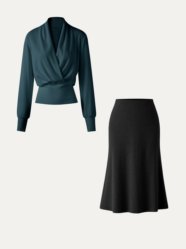 OGLmove 2Pcs Set LiteWarm Surplice Banded Hem Top & Soft Pull-On Midi Skirt Forest Night/Black XXS