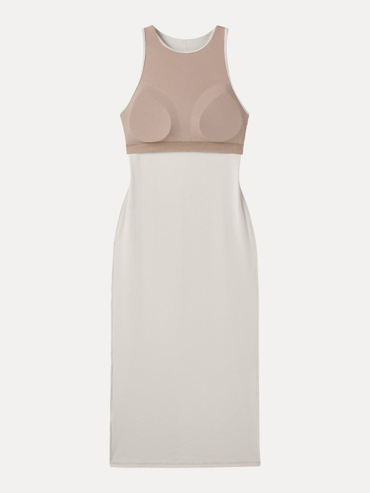 Stretch Cotton Crewneck Midi Brami Dress with Back Slit